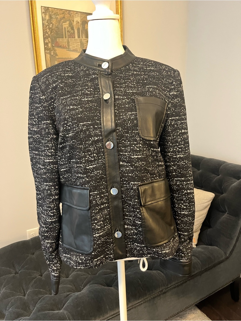 Calvin Klein Black Tweed Jacket with Faux Leather Pockets